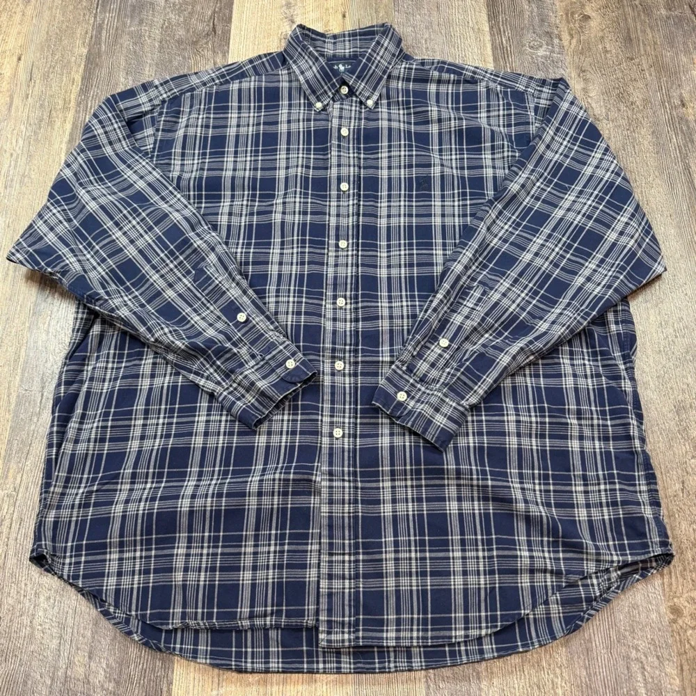 Polo Ralph Lauren Blake Mens XL Navy Blue Plaid Two-Ply Cotton Button Down Shirt